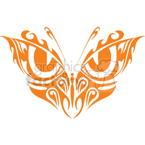 The clipart image depicts a stylized, symmetrical tribal butterfly design. The design features intricate patterns and swirls, creating an artistic and tattoo-like representation of a butterfly. It is rendered in a single orange color, which would make it suitable for vinyl-ready applications due to its clean and clear lines.