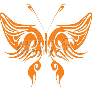 The image depicts a symmetrical tribal butterfly design. It is characterized by its intricate and flowing tribal patterns, which are often associated with tattoos or vinyl-ready graphics. The design is symmetrical, meaning it is balanced on both sides around a central axis. The image contains the butterfly in an orange hue against a white background.