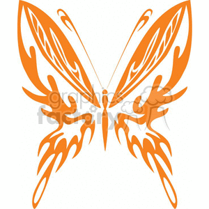 This clipart image features a symmetrical orange tribal tattoo design of a butterfly. The design is stylized with intricate patterns and forms that are typical of tribal art, emphasizing bold lines and swirls that mirror each other on both sides of the butterfly, creating a harmonious and balanced composition suitable for vinyl-ready graphics.