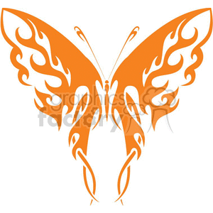 The image depicts a symmetrical, tribal-style butterfly design. It features intricate swirls and flame-like patterns that make up the wings of the butterfly, with a simple body in the center that maintains the symmetry. This design appears to be vinyl-ready, meaning it is suitable for use in vinyl cutting for applications such as tattoos, decals, or other decorative purposes.