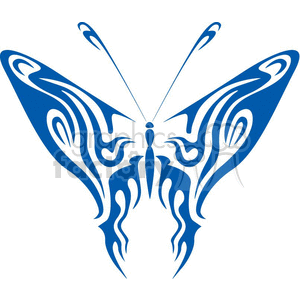 The image is a clipart of a symmetrical, tribal-style butterfly. It features a simplified, stylized butterfly with intricate patterns and flowing lines that create an artistic and tattoo-like design. The design is symmetrical, meaning it is the same on both sides, and is likely intended to be vinyl-ready for use in various applications such as decals, tattoos, or other decorative purposes.