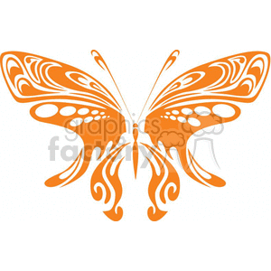 This is an image of a symmetrical tribal tattoo design in the shape of a butterfly. The image features an artistic and ornate representation of a butterfly with both wings spread, exhibiting intricate patterns and shapes that are typical of tribal design aesthetics. The image is rendered in monochromatic orange, which makes it suitable for vinyl cutting or other types of design work where a single color and clear, sharp lines are required.