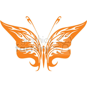 The image showcases a stylized, symmetrical tribal butterfly design with intricate patterns that could be used for various purposes such as tattoo designs, vinyl decals, graphical elements in digital artwork, or printed materials. The butterfly is depicted in a single color with artistic swirls and abstract shapes that emphasize its symmetry and the tribal aesthetic.