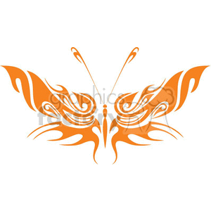 This image depicts an orange and symmetrical tribal tattoo design in the shape of a butterfly. The design is stylized and artistic, with swirling lines and curves that create the appearance of a butterfly's wings and body.