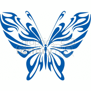 This clipart image features a stylized, symmetrical depiction of a butterfly. The design is tribal or tattoo-like, with smooth curves and pointy tips, suggesting it is suitable for vinyl cuts or other decorative purposes. The butterfly is made up of various swirls and shapes that come together to form its wings and body with a predominantly blue color palette.