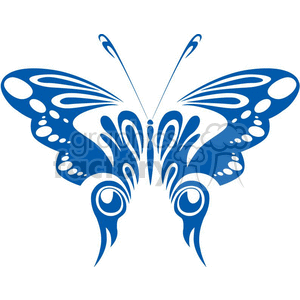 The image is a symmetrical, tribal-style design of a butterfly. It features bold lines and dots, accentuating the butterfly's wings, body, and antennae. The design is simple and graphic, typically used for vinyl decals, tattoos, or other decorative purposes. The image is rendered in blue, with white spaces that highlight the detail and pattern within the design.
