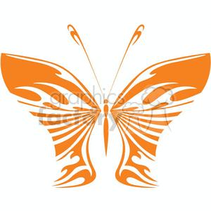 This clipart image features a symmetrical, stylized representation of a butterfly. The design is reminiscent of tribal tattoo patterns, with flowing, flame-like shapes and elegant curved lines that form the insect's wings and body. It looks to be vinyl-ready, meaning it's suitable for use as a design for vinyl decals, tattoos, or graphic prints due to its clear, high-contrast lines and simple two-tone color scheme.