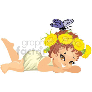 A cheerful child wearing a yellow flower wreath and a light-colored swimsuit, lying down with a butterfly perched on the wreath.