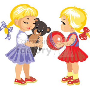 Clipart of two young girls in colorful dresses playing with a teddy bear and a ball. One girl has a blue bow, and the other has a red bow.