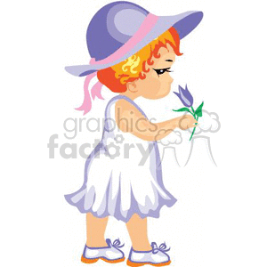 Little Red Headed Girl Wearing a White Dress Smelling a Purple Flower