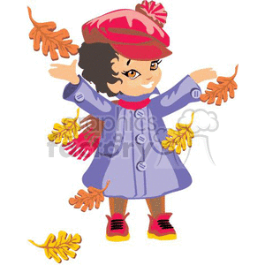 A Happy Little Girl in a Purple Coat Playing in the Autumn Leaves