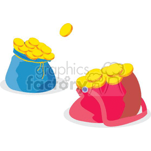 The clipart image features two bags filled with gold coins. One bag is blue with a tie string, while the other is pink with a flap. A single gold coin is shown in mid-air between the two bags.