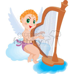 A cute cherub angel with curly hair playing a harp on a fluffy cloud.