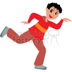 Clipart image of a happy boy wearing a red shirt and brown pants, striking a dancing pose.