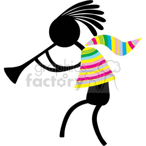 Colorful Kokopelli playing a trumpet, designed in a modern clipart style.