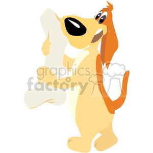 The clipart image shows a cartoon dog standing on its hind legs, gleefully clutching a large bone with both front paws. The dog appears to be very happy or excited about its treat, showcasing exaggerated, whimsical characteristics such as big, wide eyes and a seemingly enthusiastic expression. The dog's tail is upright and curled, adding to the sense of its joyful mood.