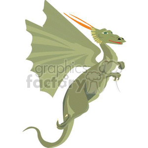 The image is a clipart illustration of a green dragon in mid-flight. The dragon has large wings spread wide, and it appears to be gliding or flying. The dragon's tail trails behind it, and it has a slight smile on its face. There's a distinctive orange streak behind one of its ears, probably indicating motion or perhaps the dragon's fiery nature. 