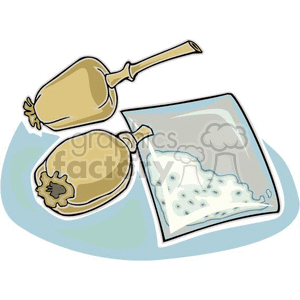 Clipart image of two poppy pods and a plastic bag containing white powder.