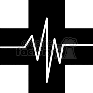 Black and white clipart image featuring a medical cross with a heartbeat line running through the center.