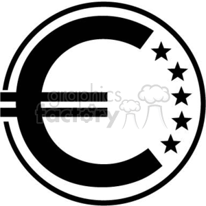 Black and white clipart image featuring the Euro currency symbol with five stars arranged in a semi-circle on the right side.