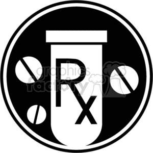 A clipart image depicting a medical prescription symbol (Rx) on a pill bottle surrounded by pills within a circular border.