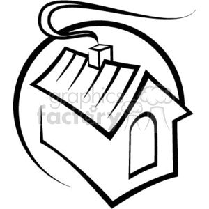A black and white clipart image of a simple house with a chimney emitting smoke, enclosed within a circular design.