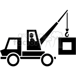 This clipart image depicts a construction crane truck with a visible operator inside the cabin, lifting a box.