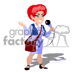 The clipart image features a cartoon of a female journalist or reporter. She's standing with one hand raised, possibly gesturing as she speaks or asks questions, and in her other hand, she is holding a microphone. She has short red hair and is wearing a blue vest, white blouse, and black skirt with blue shoes. She also has a brown bag slung over one shoulder. Her shadow is visible on the ground.