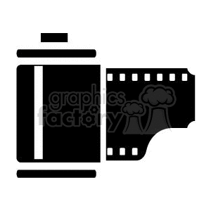 Black and white clipart image of a roll of film with a portion of the filmstrip unrolled.