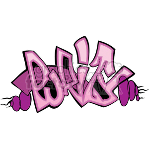 Colorful graffiti-style clipart with bold pink and purple lettering and abstract shapes. The word spells out "purity"