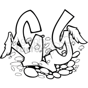 A stylized graffiti-style artwork featuring abstract letters with wings surrounded by floating and scattered stone-like objects. It spells out 'fly', with angel wings attached to it