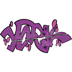 A vivid purple graffiti-style graphic featuring abstract shapes and design elements with bold black outlines and pink accents.