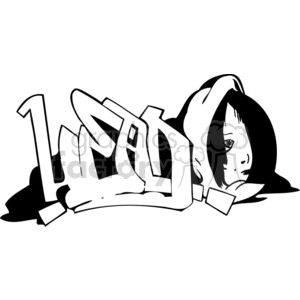 Black-and-white clipart image featuring a stylized graffiti-style drawing of a character with long hair and a hood, lying down with a sad expression. The text next to it says 