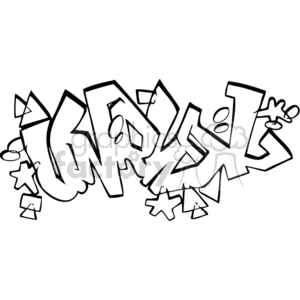 A black and white graffiti-style clipart image featuring bold, stylized lettering with star and geometric shape accents.