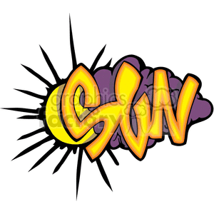 A vibrant and colorful graffiti-style clipart image featuring the word 'Sun'. The design includes a sunburst in the background and purple clouds, with the word 'Sun' prominently displayed in bold yellow-orange lettering.