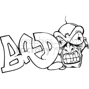 This clipart image features the word 'BAD' in bold graffiti-style letters accompanied by an aggressive, angry face with exaggerated features.