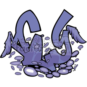 A stylized graffiti-style artwork featuring abstract, purple letters with wings surrounded by floating and scattered stone-like objects. It spells out 'fly', with angel wings attached to it