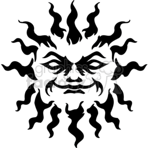 A black and white clipart image featuring a stylized sun with a face. The sun's rays are wavy and dynamic, giving it a mystical and artistic appearance. The face is detailed with closed eyes, a nose, and a smiling mouth, projecting an aura of wisdom and serenity.