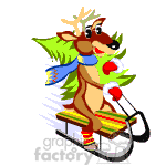 Reindeer riding down a hill on a sled.