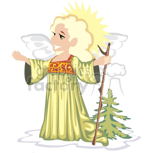 A festive clipart image of an angel with wings, holding a staff, standing near a small pine tree. The angel is dressed in a long, ornate robe and has a radiant halo.