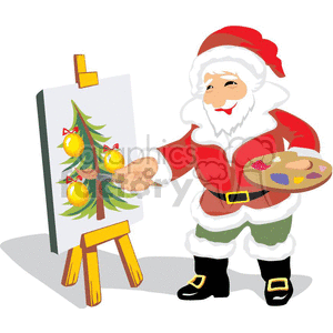 A clipart image of Santa Claus painting a Christmas tree on a canvas, holding a palette with colorful paints.