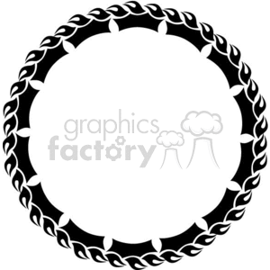 A circular clipart image featuring an intricate, symmetrical, black and white border design with flame-like patterns.