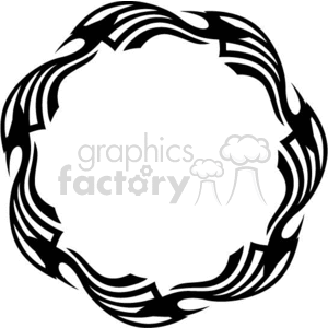 A black and white circular tribal tattoo design with intricate flame-like patterns forming a continuous loop.