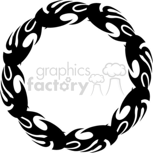 A circular tribal tattoo design featuring black and white flame-like patterns interwoven in a circular formation.