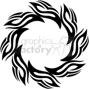 A circular tribal tattoo design in black with flame-like patterns.