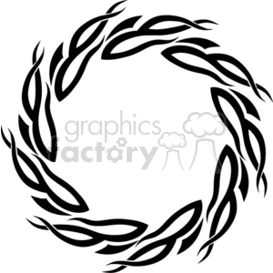 Circular tribal tattoo design in black. The design consists of intertwined, abstract shapes forming a continuous loop, resembling organic vines or flames.