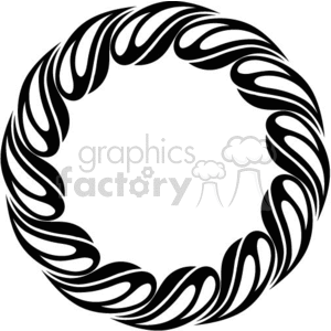 A circular, abstract black and white tribal design with swirling patterns forming a ring.