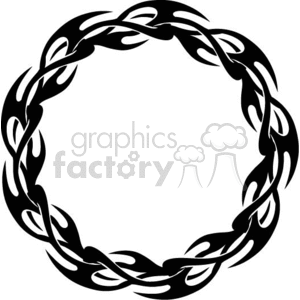 A black and white clipart image of a circular tribal flame tattoo design, featuring interlocking flame patterns.