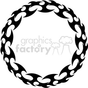 A circular tribal tattoo design in black and white, forming a seamless ring pattern with flame-like shapes connected together.