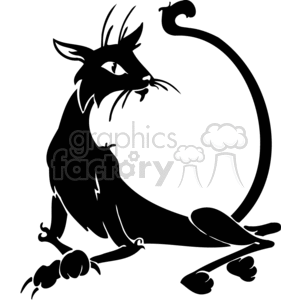 This clipart image features the silhouette of a stylized cat. The cat appears to have an arched back, indicative of a startled or defensive posture that is often associated with Halloween imagery. The feline's long tail is curved, and its whiskers and fur are detailed to give a spooky or dramatic effect. The entire image is in black, making it suitable for vinyl-ready signage or Halloween-themed decorations.